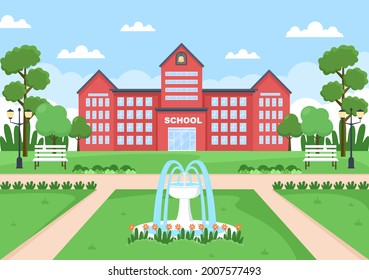 De Vuelta A La Escuela, Edificio Moderno y Vistas Al Jardín Con Hierba Verde Y Árboles. Ilustración de la página de aterrizaje en segundo plano