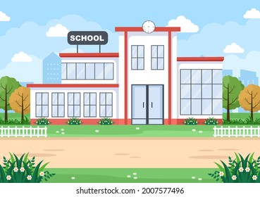 De Vuelta A La Escuela, Edificio Moderno y Vistas Al Jardín Con Hierba Verde Y Árboles. Ilustración de la página de aterrizaje en segundo plano