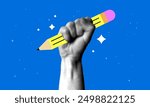 Back to school. Modern collage with halftone hand holding pencil. Trendy newspaper body part. Knowledge concept. Creativity, inspiration concept. Ready for work. Enthusiastic worker