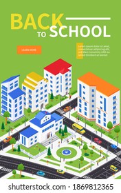 Back to school - modern colorful isometric web banner with copy space for text. High quality urban landscape with a building, square with a fountain, apartment houses. Education, architecture concept