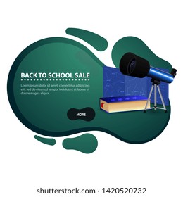 Back to school, modern discount banner in the form of smooth lines for your business with telescope, a map of the constellations and the encyclopedia of astronomy