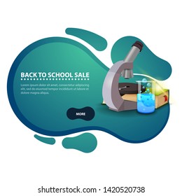 Back to school, modern discount banner in the form of smooth lines for your business with microscope, books and chemical flask