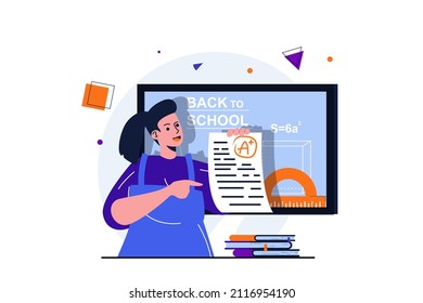 Back to school modern flat concept for web banner design. Happy schoolgirl holds sheet with exam and gets highest score. Student studying at college. Vector illustration with isolated people scene