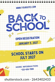 Back to School modern flat design vector illustration for poster, print, banner, background, advertising. Flyer brochure cover template for studying, education, learning, student, stationery.