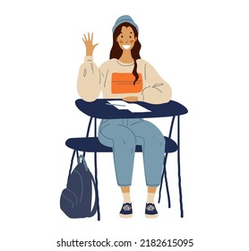 Back to school, modern happy girl student studying at her desk. Flat cartoon female character, refresher courses, offline education at school and university. Vector illustration isolated on white back