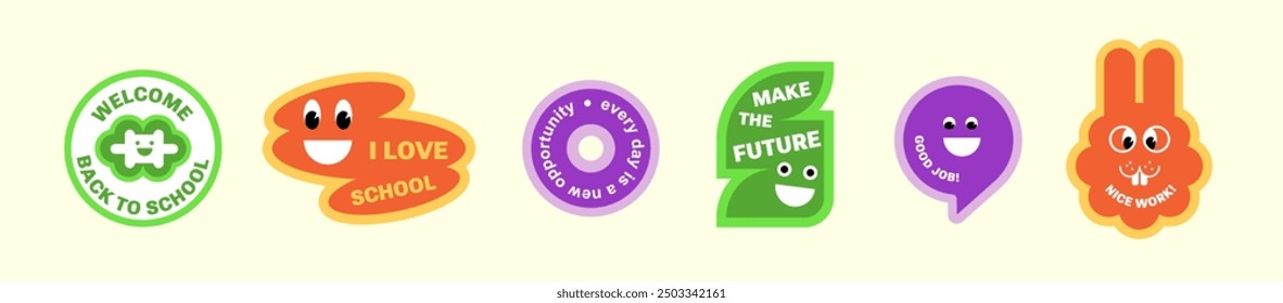 Back to school. Modern retro abstract stickers with grade for kids, Funky Groove Education icon, Emoji. Bright voxel emblem Time to study. Vector Pack Orange, green, purple. Make the future, good job.
