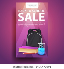 Back to school, modern, stylish vertical banner for your business with school backpack, a book and a chemical flask