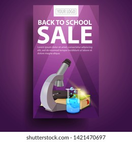 Back to school, modern, stylish vertical banner for your business with microscope, books and chemical flask