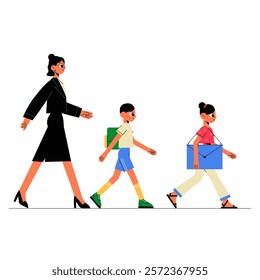 Back To School With Mother And Children In Flat Vector Illustration Symbolizing Education, Family Bonding, And School Routine, Isolated On White Background