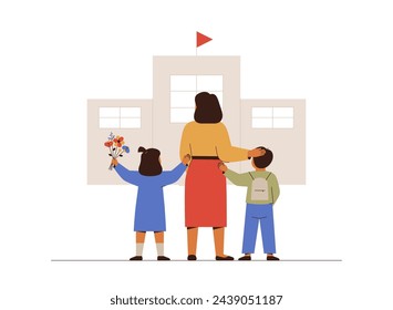 Back to school. Mother with daughter and son at the first day of study year near school building. Girl and boy with backpack and flowers walk to the class. Elementary education concept. Vector