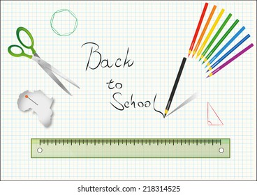 Back to school motif with education symbols, crayons, scissors, rulers, magnifiers