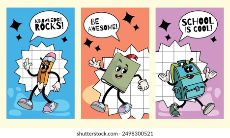 Conjunto de afiches motivacionales de regreso a la escuela. Colección de divertidos personajes de papelería retro groovy o mascotas. Ilustraciones vectoriales.