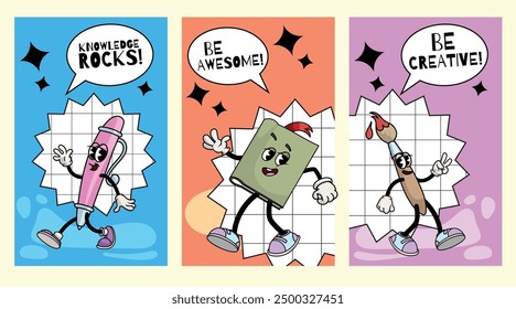 Conjunto de afiches motivacionales de regreso a la escuela. Colección de divertidos personajes de papelería retro groovy o mascotas. Pluma, libro y pincel. Ilustraciones vectoriales.