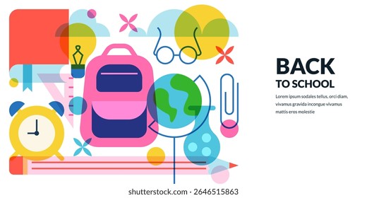 Back to school multicolor banner or poster design. Vector geometric flat illustration of backpack, book, alarm clock, globe, flask. Learning and education creative concept