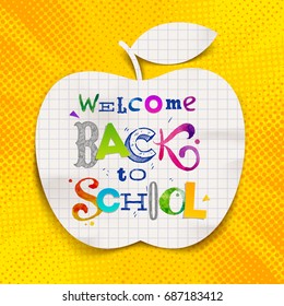 De vuelta a la escuela - saludo multicolor. Coloquio de boceto sobre una silueta de papel de manzana. Ilustración vectorial.