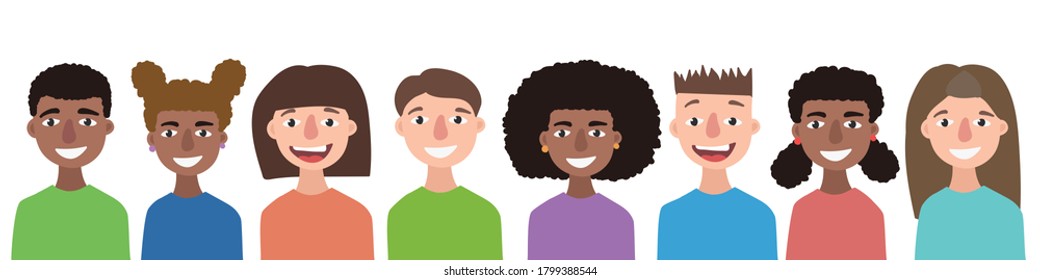 Back to school. multinational group of smiling children isolated. Kids dressed in colored t-short  standing together on horizontal banner. Society  kid. Flat stock vector illustration.  group of pupil