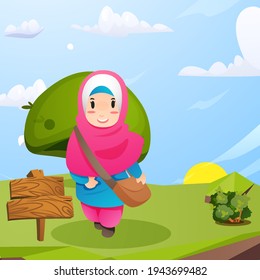 Back to school. Muslim children use the hijab to go to school cartoon