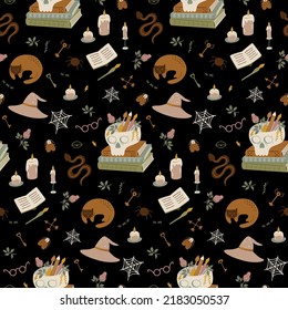 Back To School Mystery Pattern. Dark Academia Seamless Print. Books, Scull, Library, Cat Mystery Hat, Candles, Moth Background. Witchcraft Education Design. Retro School Paper. Vector Illustration.