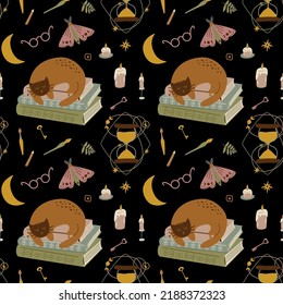 Back To School Mystery Pattern Design Dark Academia Seamless Print. Books, Cat, Library, Hourglass, Candles, Moon, Stationary. Witchcraft Education Design. Retro School Paper. Vector Illustration.