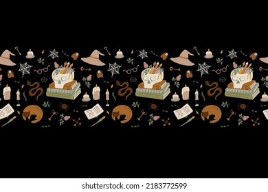 Back to school mystery seamless border. Dark Academia repeat border Book scull, library, cat mystery hat, candle, moth background. Witchcraft education design. Retro school frame. Vector illustration.