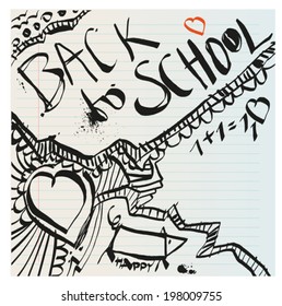 Back to school naive primitive doodles hand drawn with pen and ink on notebook page, childrenÂ´s style