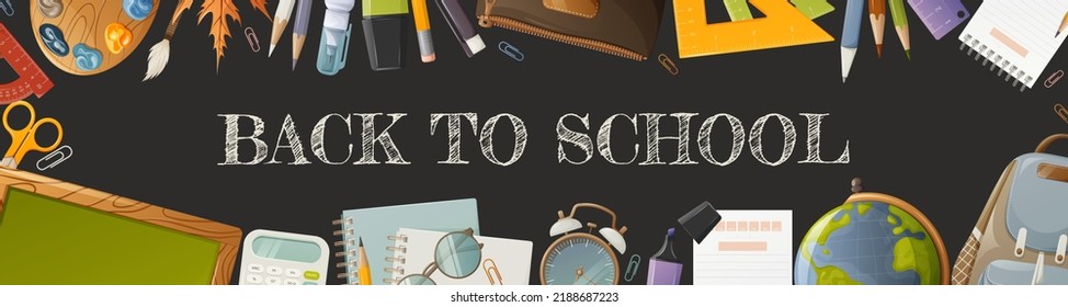 Back to school narrow horizontal banner with inscription, with school supplies and stationery items. Vector illustration. For poster, flyer, website interface