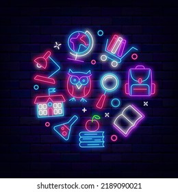 Back to school neon circle layout with icons. Globe, owl and books. Backpack and shopping cart. Glowing greeting card. Website landing page. Event for students promotion. Vector stock illustration