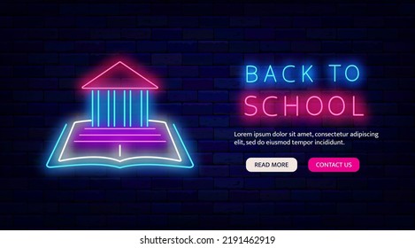 Back to school neon flyer. Website landing page template. Academy on open book. Shopping and special offer promotion. Glowing advertising on brick wall. Vector stock illustration
