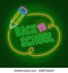 Back to school neon glowing emblem against a brick wall background. Vector illustration.