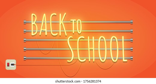 De vuelta a la escuela Neon brillando sobre el fondo naranja. Cartel de ilustración del vector.