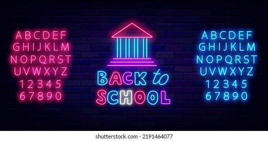 Back to school neon greeting card. School and academy building. Shiny pink and blue alphabet. Education design. Season celebration. Glowing advertising. Vector stock illustration