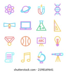 Back to School Neon Icons Isolated. Vector Illustration of Glowing Bright Led Lamp over White Symbols.
