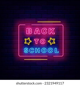 De vuelta a la etiqueta de neón de la escuela. Marco rosa geométrico con estrellas. Bienvenidos al concepto escolar. Actividad de septiembre. Diseño educativo para estudiantes. Ilustración de material vectorial