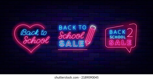 Volver a la colección de etiquetas de neón de la escuela. Diseño de temporada de venta. Burbuja del habla y marco del corazón. Tarjeta de saludo ligero. Elemento educativo.Juegos de anuncios brillantes. Ilustración de material vectorial