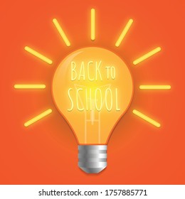 Back to school Neon Light bulb glowing on blue background. Vector illustration banner.