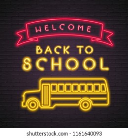 Back to School Neon Light Glowing Vector School Bus Illustration. Bright Signboard, Light Banner. School Sign with Dark Backgrouund