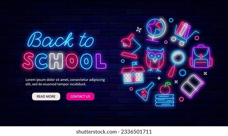 Back to school neon promotion template. Circle layout with icons. Sale or party invitation. Special offer concept. September activity. Shopping for students. Editable stroke. Vector stock illustration