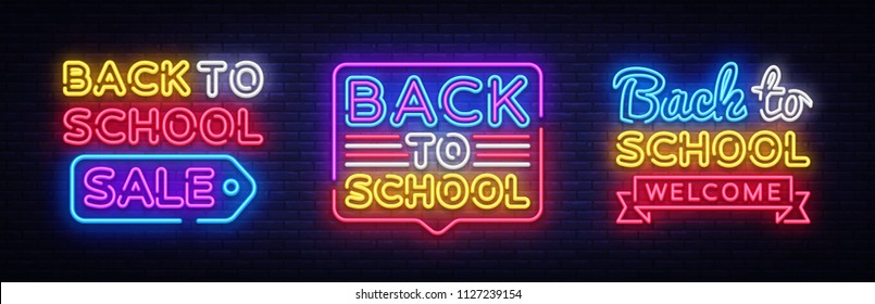 Volver a la escuela vector de colección de signos de neón. Regreso a la escuela Diseño de la tarjeta de felicitación Diseño de neón, banner luminoso, carteles de neón, publicidad nocturna brillante, inscripción ligera. Ilustración del vector