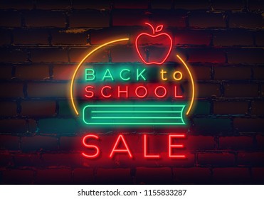 Back to school neon sign on brick wall background for sale and discount. Vector illustration