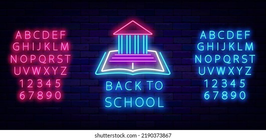 De vuelta al tablero de anuncios de neón de la escuela. La academia construida sobre libro abierto. Promoción de la venta escolar. Bienvenidos a la educación. Alfabeto azul brillante y rosa. Publicidad brillante en una pared de ladrillo. Ilustración de material vectorial