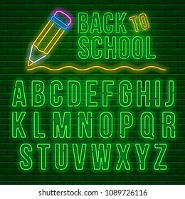 Back to school neon signboard and green neon glowing latin alphabet against a brick wall background. Vector illustration.