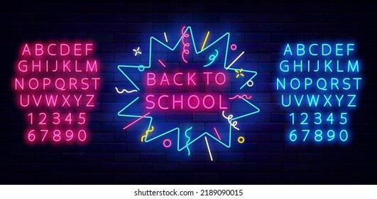 Back to school neon signboard. Shiny blue and pink alphabet. Confetti explosion frame. School sale promotion. Welcome to education. Glowing advertising on brick wall. Vector stock illustration