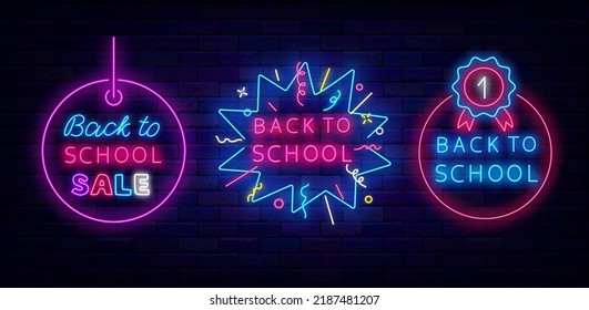 Back to school neon signboards collection. Confetti explosion frame. Medal and label. Light greeting card. Education design. Season sale shopping. Glowing advertisings set. Vector stock illustration