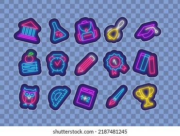 Back to school neon stickers collection. Backpack and alarm clock. Office store label. Studiyng concept. Owl, books and medal. Education emblems set. Glowing patches. Vector stock illustration