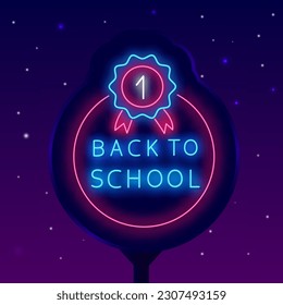 Back to school neon street billboard. Light outdoor advertising. First place medal in circle frame. Shiny greeting card. Welcome signboard. Glowing banner. Vector stock illustration