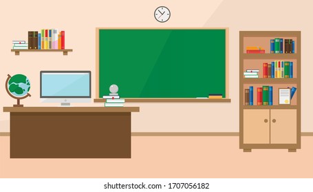 Back to school. New Classroom school in vector flat style. A classroom with a teacher's desk, a school board and a bookcase with books.