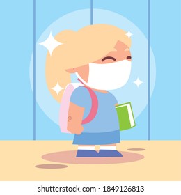 back to school for new normal, blonde girl student with medical mask and book vector illustration