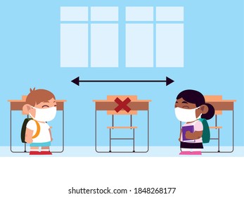 back to school for new normal, boy and girl students with masks in the classroom, keep physical distance vector illustration