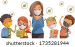 Back to school for new normal concept. Preventing disease, Covid-19. Children wearing sanitary masks. Gesture of teachers, students and friends at the school. Vector illustration isolated. 