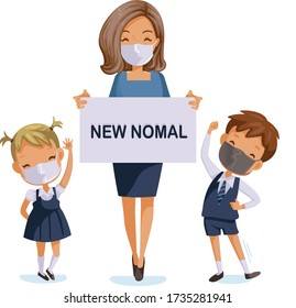 Back to school for new normal concept. Children wearing sanitary masks. Teachers, students and friends at the school. Children in uniform. coronavirus related 